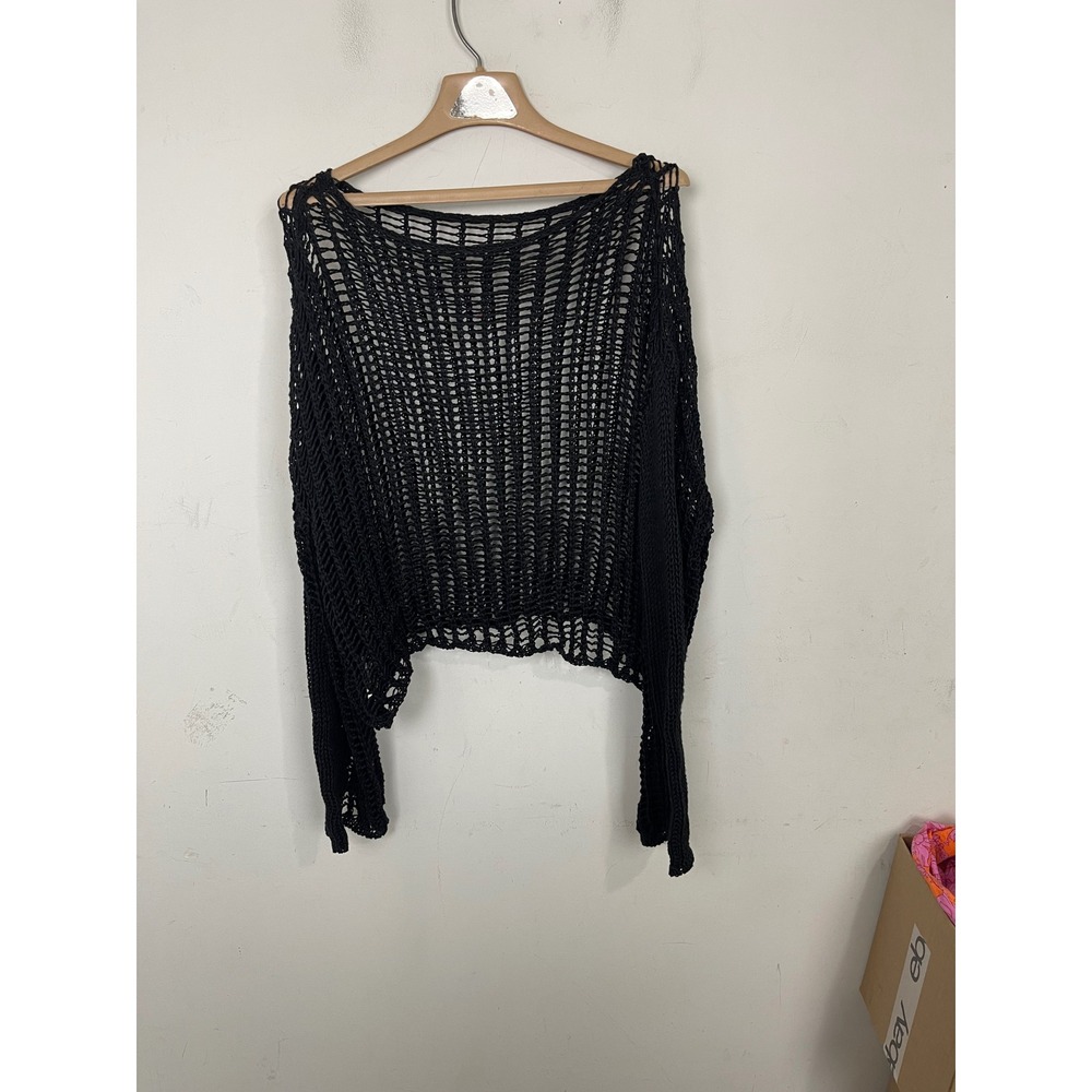 SHEIN Womens Black Open Knit Crochet Sheer Mesh Boxy Crop Sweater‎ Large L - Picture 2 of 8